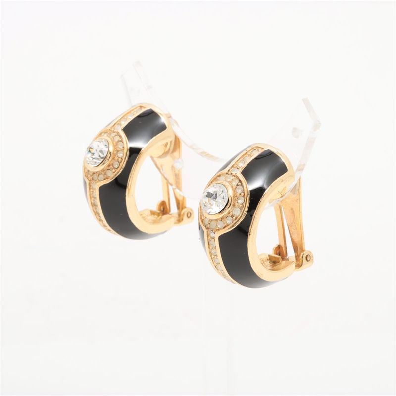 Christian DIOR Onyx Motif Earrings GP With Rhinestones Black And Gold