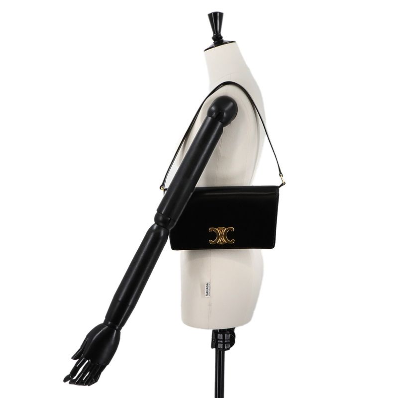 Celine Triomphe Trapeze 2way Shoulder Clutch Bag Leather Black Gold Hardware