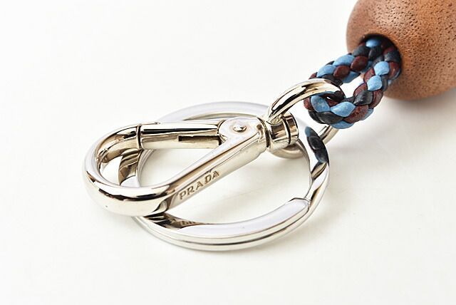 Prada Key Ring Key Holder Prada Wood Intrecciato Blue Light Blue Unused