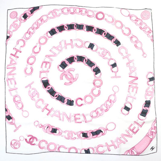 CHANEL 100% Silk Coco Mark Chain Belt Pattern Scarf White Pink With Box Made In