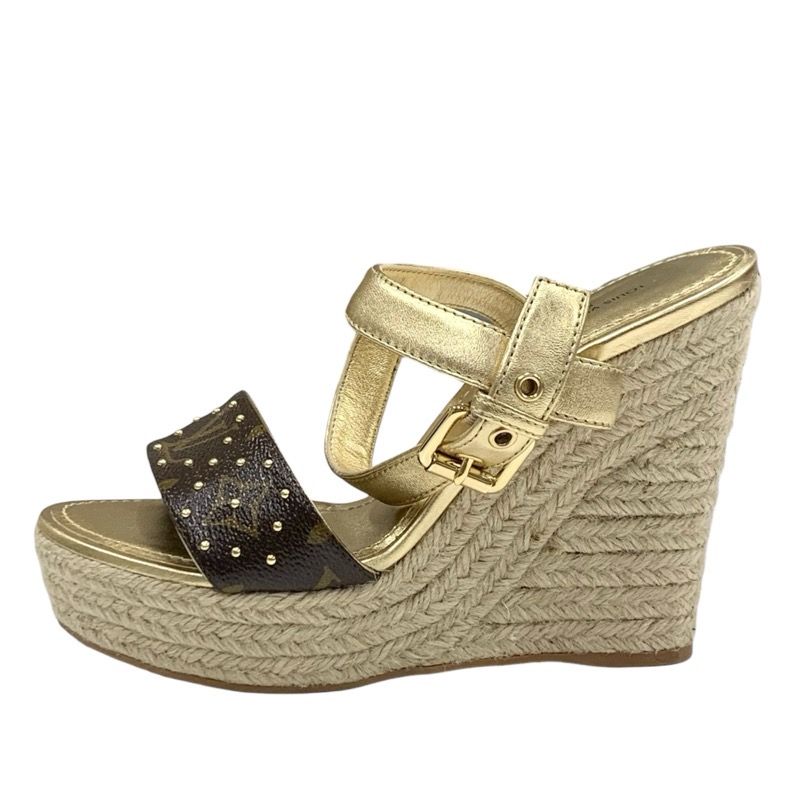 Louis Vuitton Starboard Line Monogram Sandals Shoes Leather Gold Brown Wedge