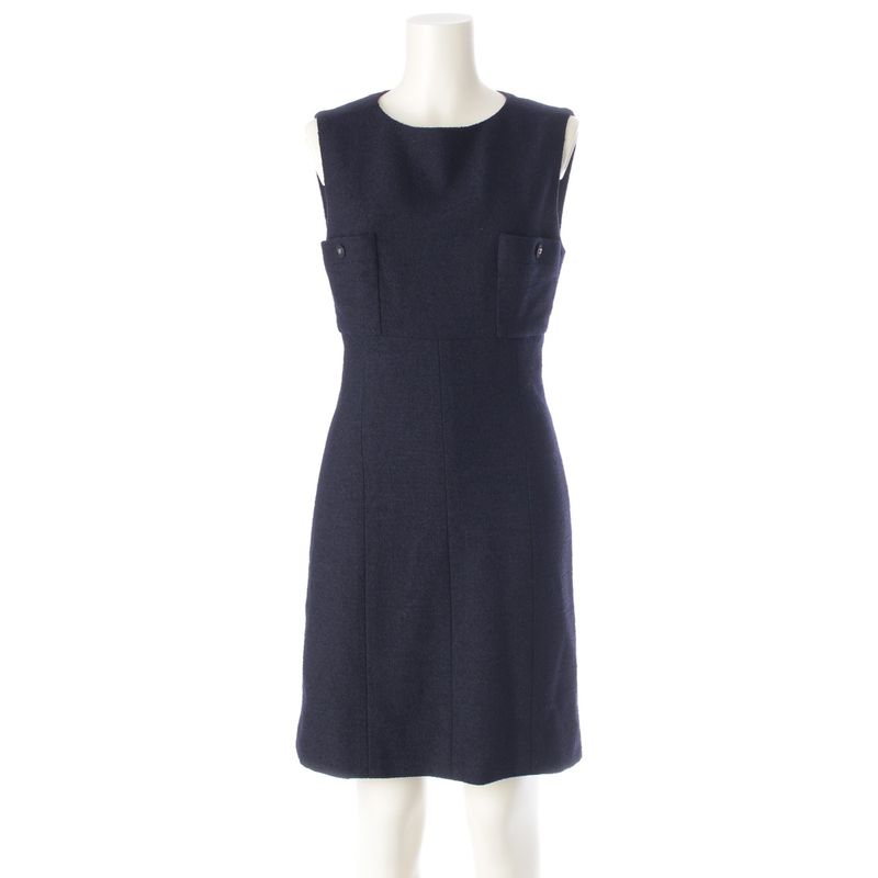 Chanel 96P Wool Coco Button Tweed Sleeveless Dress P06304 Navy 38