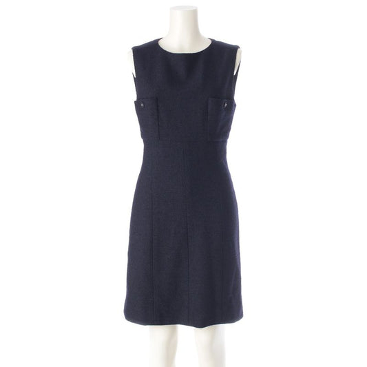 Chanel 96P Wool Coco Button Tweed Sleeveless Dress P06304 Navy 38