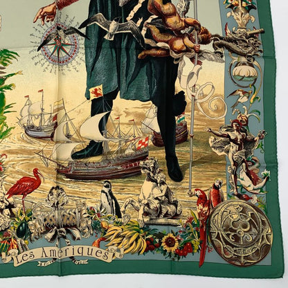 Hermes Carre 90 Les Ameriques Americas Columbus Scarf Green
