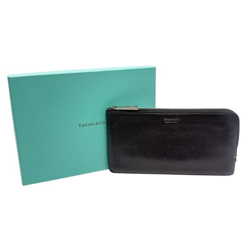 3018 Tiffany & Co Tiffany & Co Zip Wallet L-Shape Black Light Blue Silver