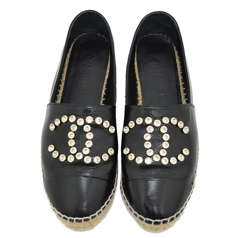 Chanel Espadrilles G35602 Coco Mark Bijoux Black Patent Leather 20C 37
