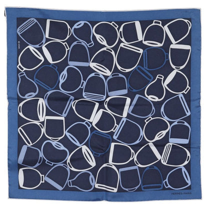 Hermes Pochette A Voût Etrier Silk Navy Blue Unisex Scarf