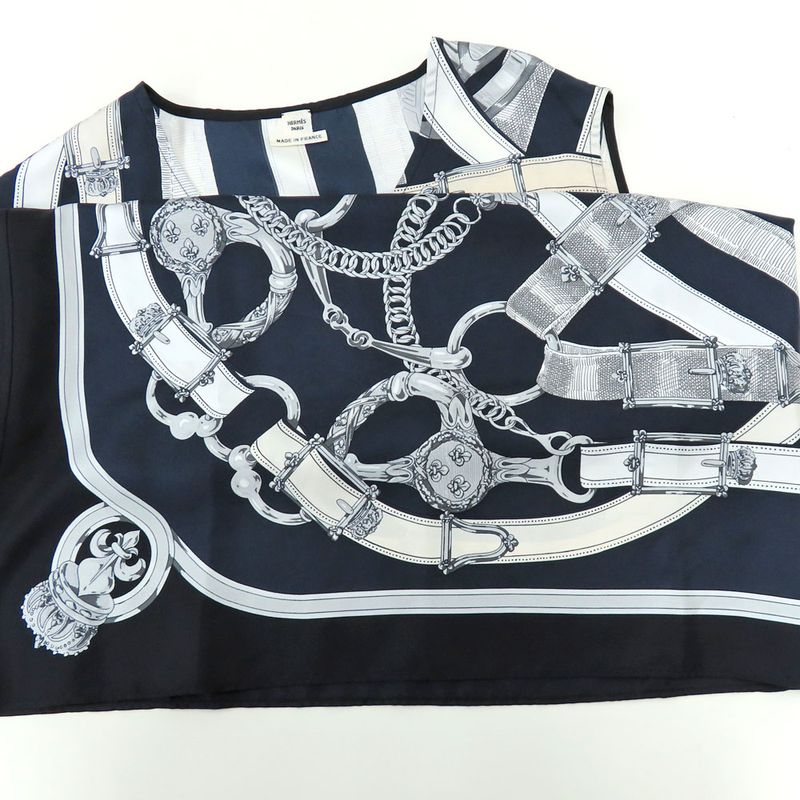 Hermes Sleeveless Tops Silk Belt Pattern 36 Navy-black Ladies Apparel