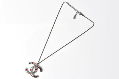 Chanel Necklace Pendant Rhinestone Gunmetal Red