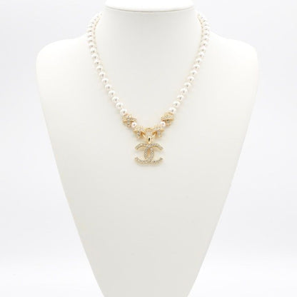 Chanel Necklace Pendant Choker Gold Coco Mark Rhinestone Pearl
