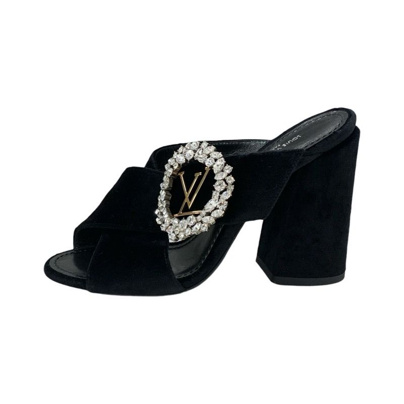 Louis Vuitton Sandals Shoes Velor Black LV Logo Bijou Mules