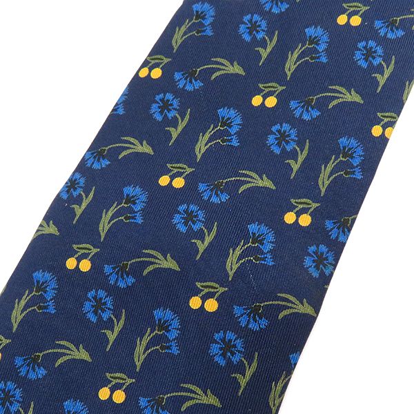 Hermes Tie Botanical Pattern 9cm (3.54in) Silk Navy and Multicolor Navy Blue