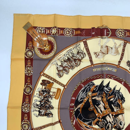 Grade Hermes Carre 90 Chevaux DE Trait Cart Horse Yellow Scarf 100% Silk With
