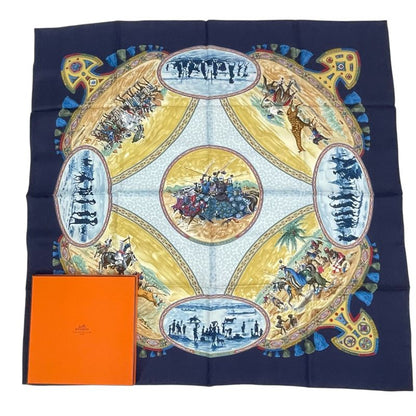 Hermes Carre 90 Scarf Silk Cavaliers Peuls Poole Horseman Navy With Box
