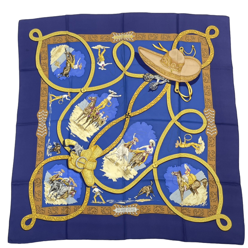 Hermes Carre 90 Scarf Charreada Horse Blue Silk