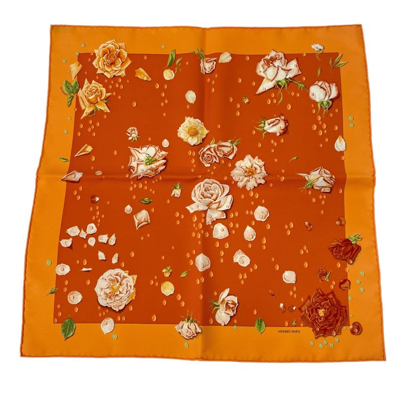 Hermes Scarf Silk LA Rosee Anne Gavarni Rose Drop Orange With Box