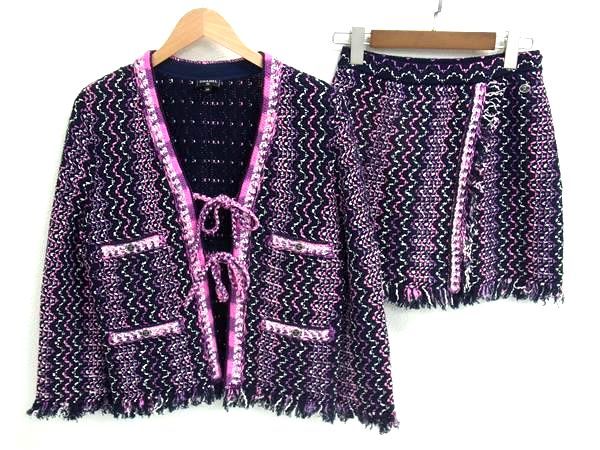 Chanel 21P P70494 Coco Mark Tweed Setup Cardigan Skirt 38 Clothing