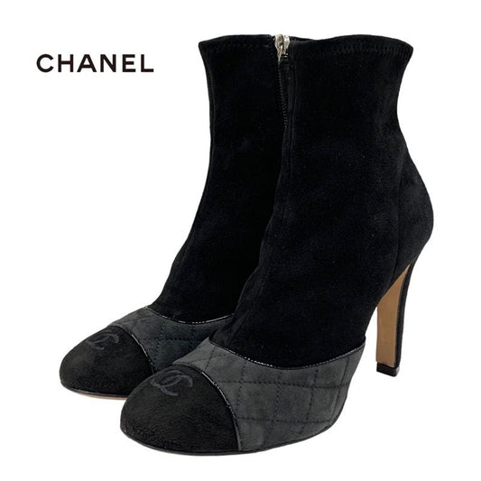 Chanel Boots Short Boots Shoes Suede Black Gray Black Here Mark Matelasse