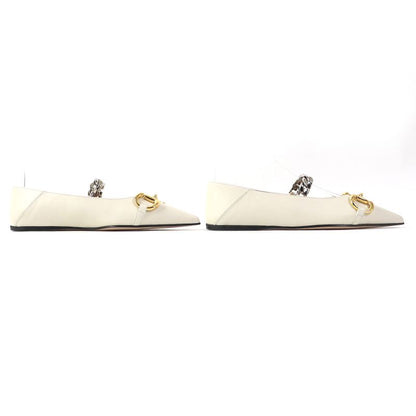 Gucci 621161 Leather Horsebit Pointed Toe Flat Pumps With Chain Ivory Gold And