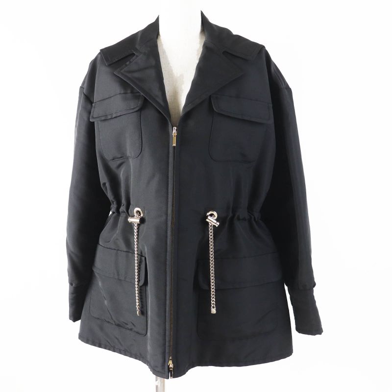 CHANEL 23B P75490 100% Silk Coco Mark Chain Design Zip Up Hoodie/jacket Black