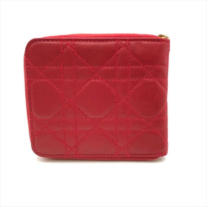 Dior Lady Cage Leather Bifold Round Compact Wallet Red