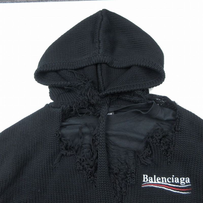 21aw Balenciaga 662718 T3212 Destroyed Knit Hoodie Black Campaign Logo XS