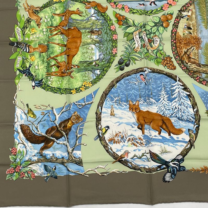 Hermes Carre 90 LES Quatre Saisons Four Seasons Brown Animal Flower Scarf Silk