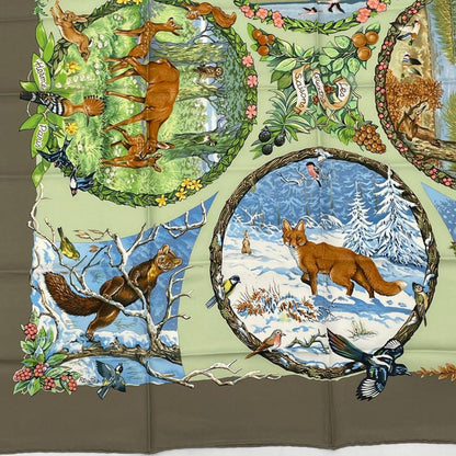 Hermes Carre 90 LES Quatre Saisons Four Seasons Brown Animal Flower Scarf Silk