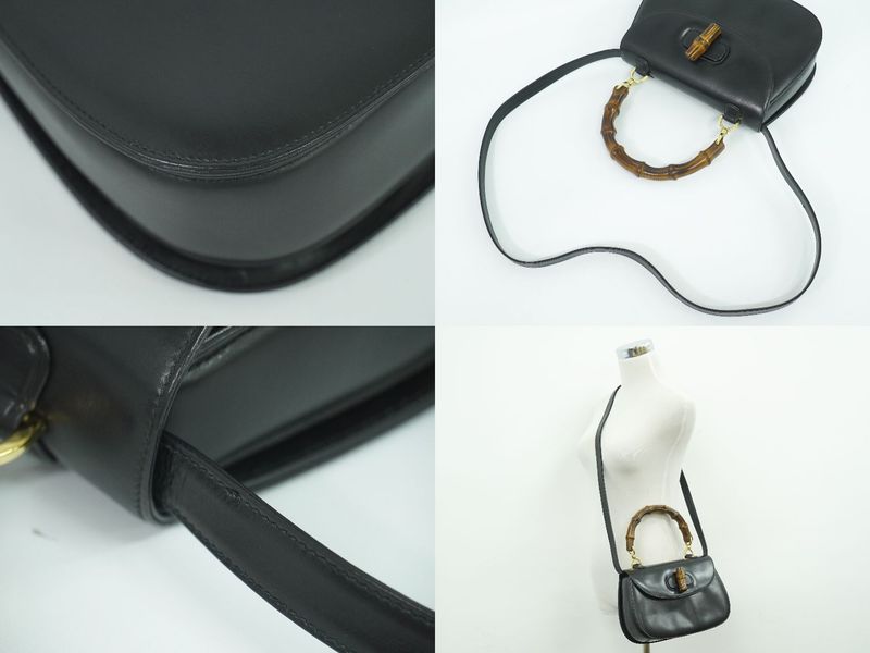 Authentic Gucci Bamboo 2WAY Shoulder Bag Handbag Pochette Leather Black Bamboo