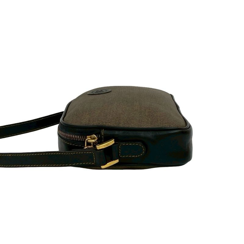 Fendi Vintage FF Logo Motif Leather Mini Shoulder Bag Pochette Sacoche Brown