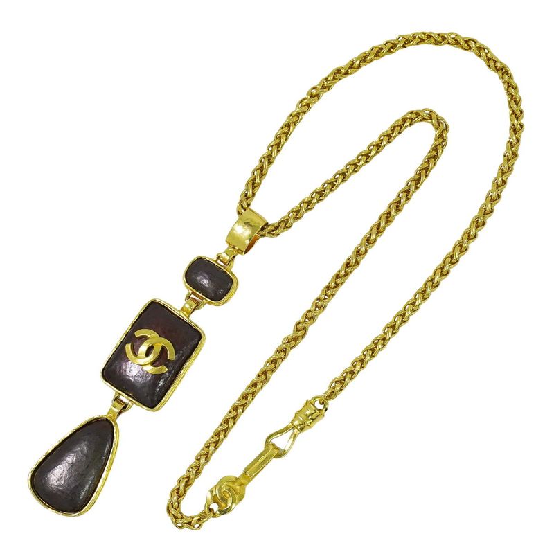 Authentic Chanel Coco Mark Necklace Pendant GP Gold Plated Brown Coco Mark
