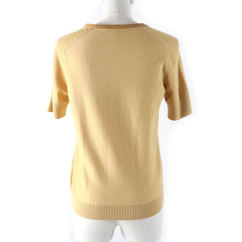 Hermes 100% Wool Lamb Leather Trim Short Sleeve Knit Cardigan Top Yellowish 36