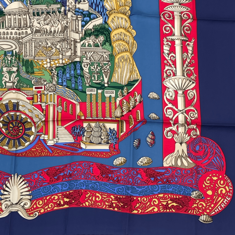 Hermes Carre 90 L Atlantide Atlantis Continental Silk Scarf Navy