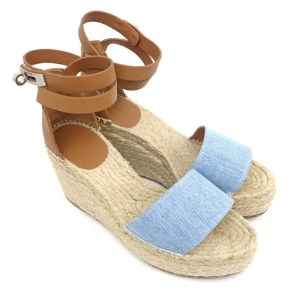 Hermes Espadrilles Tivoli Wedge Sole Sandals Blue Brown 37 Women's