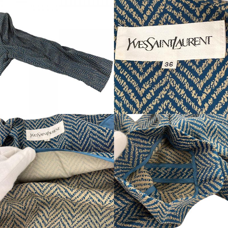 Yves Saint Laurent Ensemble 36 Acetate Rayon Green Beige Dress Jacket Herringbon