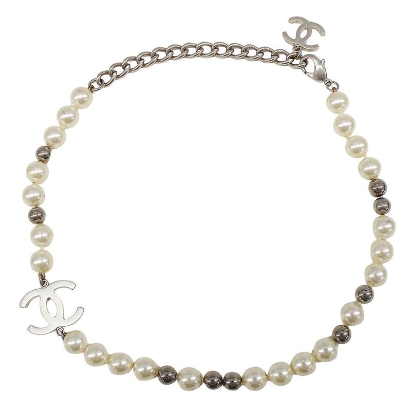 Chanel Necklace Ladies Brand Faux Pearl White Silver Hardware Fashionable