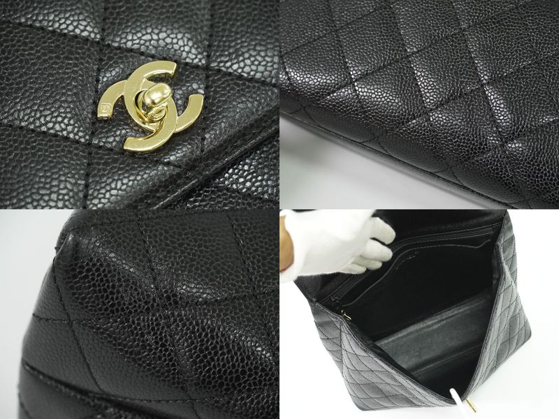 Authentic Chanel Coco Mark Matelasse Turnlock Handbag Caviar Skin Leather Black