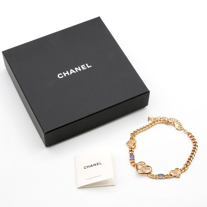 Chanel Necklace Pendant Choker Gold Blue Coco Mark Heart Rhinestone Chain