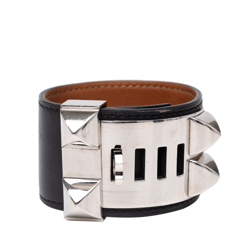 Hermes Collierd Chien Bangle Bracelet Size:s Black Silver Box Calf Metal Women