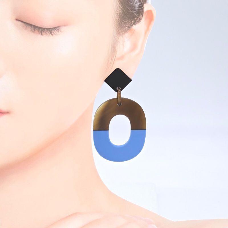 Hermes Earrings Ism Binaural Buffalo Horn Lacquer Brownish/blue Color Silver