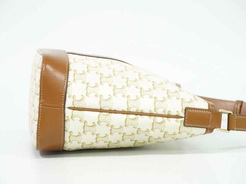 Authentic Celine Triomphe Small Bucket Shoulder Bag Pochette PVC White Brown