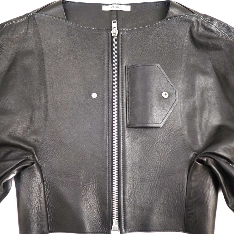 Celine by Phoebe Philo 16ss Puff Sleeve Leather Biker Jacket 2 5r58 6987 Black