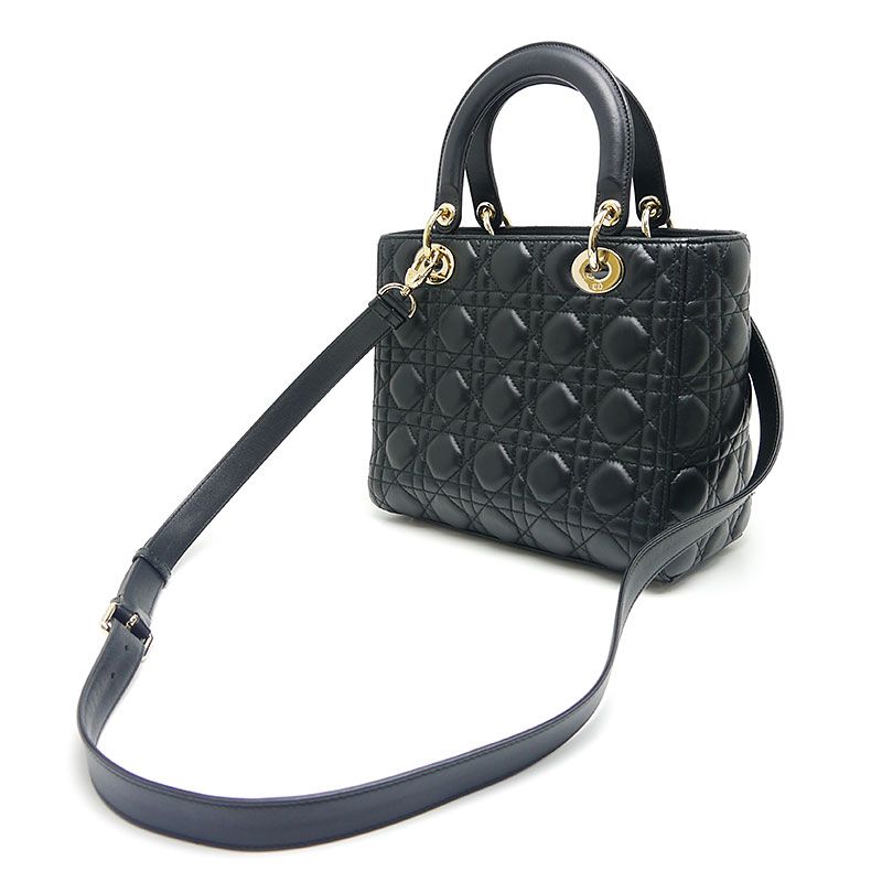 Dior Christian Dior Lady Dior Medium Bag Canage Black Gold Hardware 2WAY