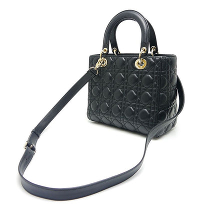 Dior Christian Dior Lady Dior Medium Bag Canage Black Gold Hardware 2WAY