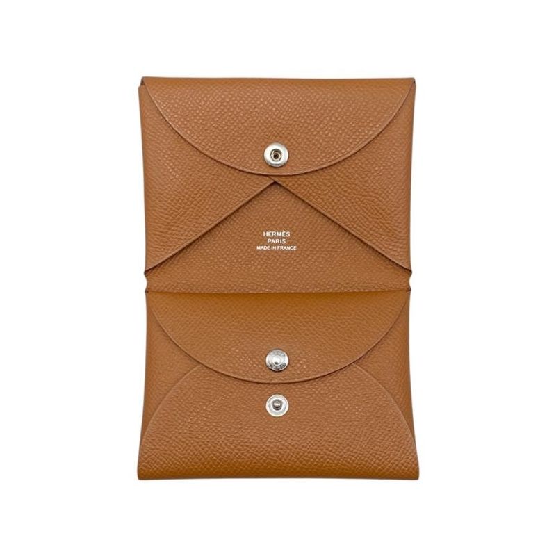 Hermes Card Case Coin Case Calvi Duo Engraved B Gold Brown Silver Hardware