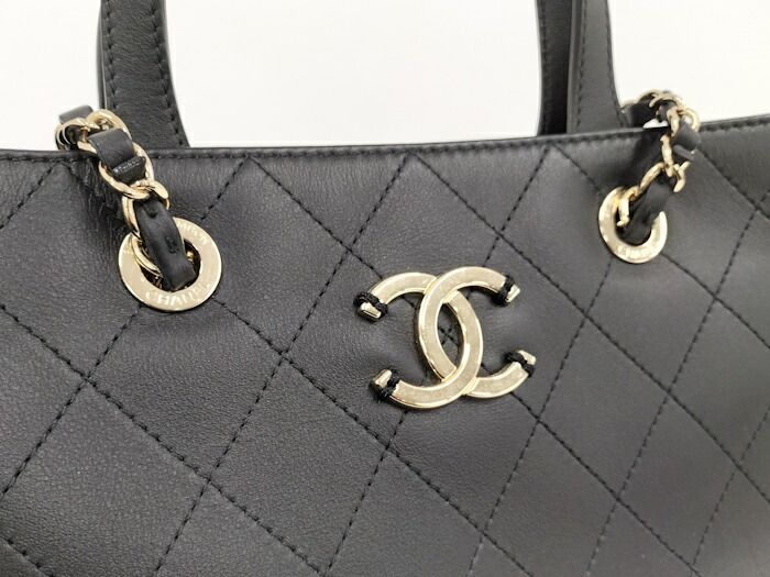 Chanel 2WAY Chain Tote Bag Coco Mark Leather Black As1434