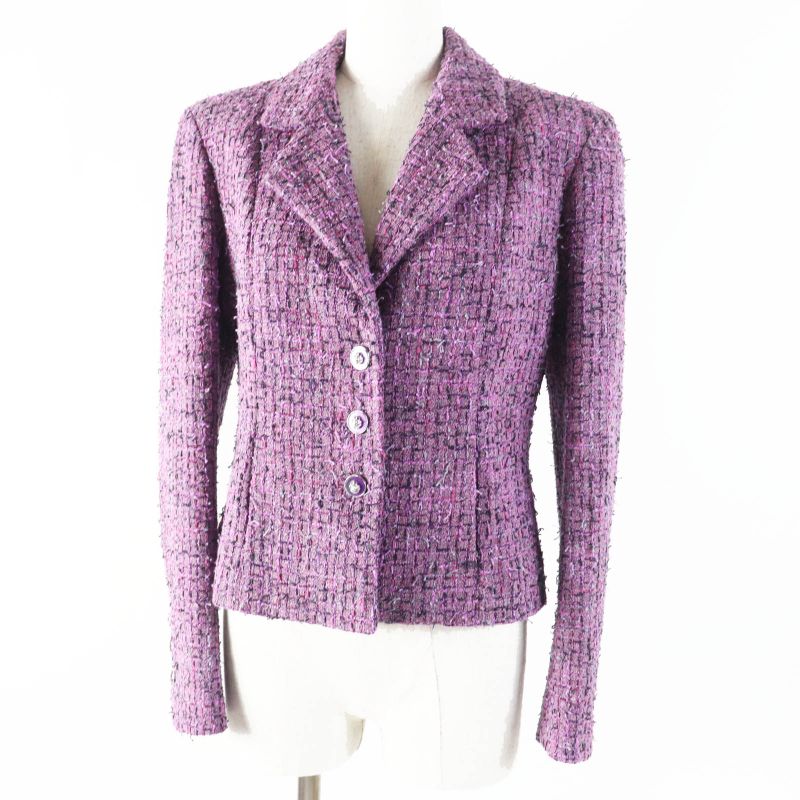 CHANEL 22P P72383 Lion Button Tweed Jacket Purple 36 Made In France Genuine