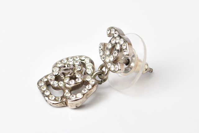 Chanel Earrings Coco Mark Camellia Swing Rhinestone Silver