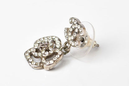 Chanel Earrings Coco Mark Camellia Swing Rhinestone Silver