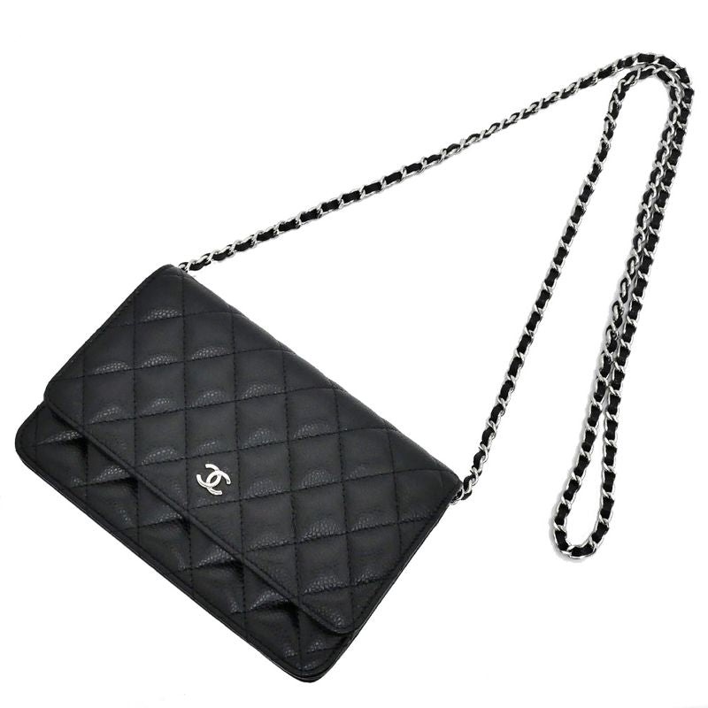 Chanel A33814 Chain Wallet Shoulder Bag Caviar Skin Black Silver-hardwar